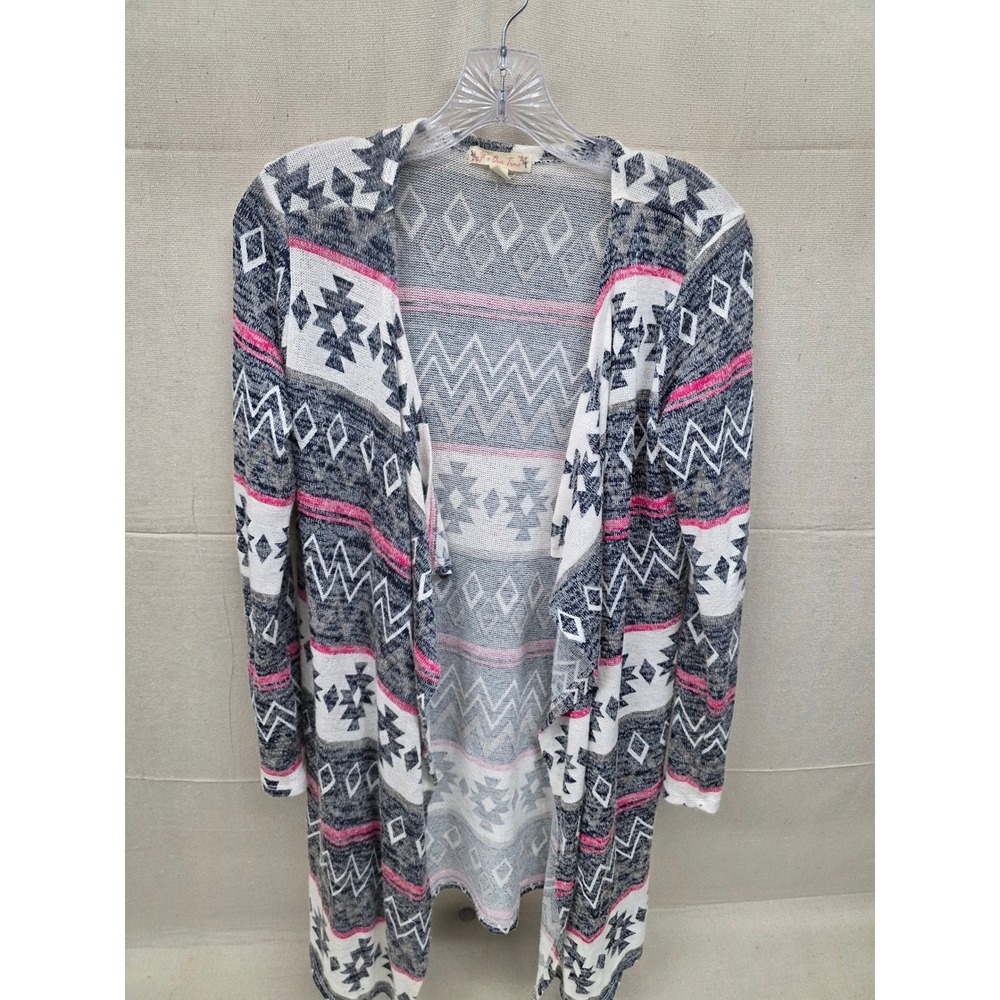Its Our Time Womens Medium Pink Grey Southwestern Geometric‎ Open Front Cardigan